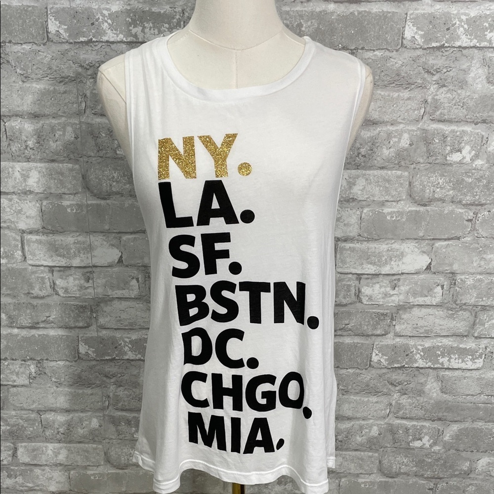 SoulCycle White Muscle Tee with Gold and Black Graphics